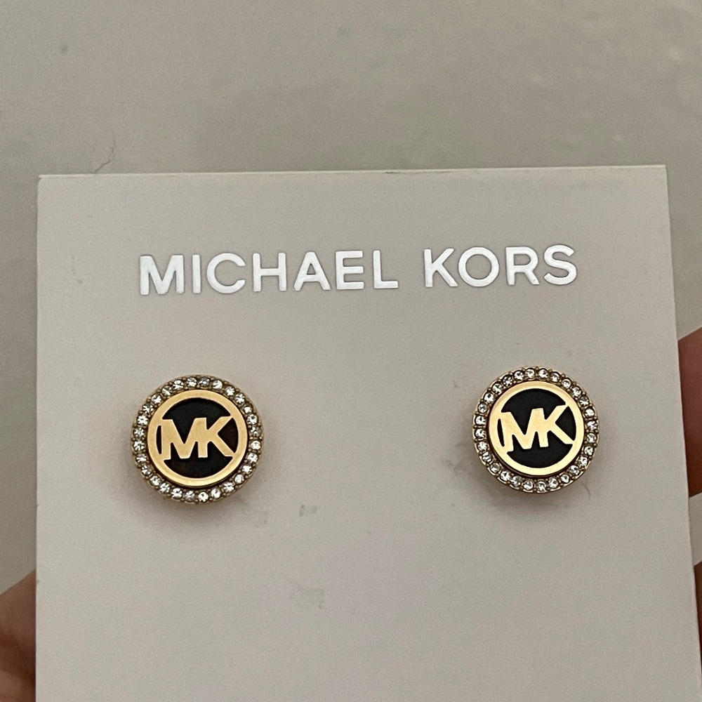 MK Michael Kors clear pave rhinestone  MK logo Studs earrings gold tone